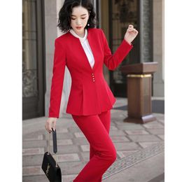 Women's Suits & Blazers Ruffle Pant Suit Women Elegant S-5XL Office Lady OL Black Red Work Jacket Blazer Coat And 2 Piece Set