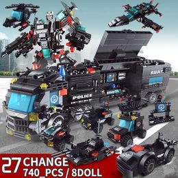 740+PCS Building Blocks 8 Mini Figures Robot City Police Toys Blocks Boys Educational Truck Blocks Model Bricks Q0723