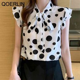 Summer Polka Dot Printed Chiffon Shirt Women Sleeveless Ruffled Bow Tie Female Plus Size Blouse Office Tank Tops 210601