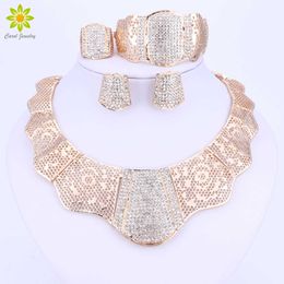 African Nigerian Wedding Jewellery Set Gold Colour Crystal Necklace Earrings Bracelet Rings Sets Costume Accessories H1022