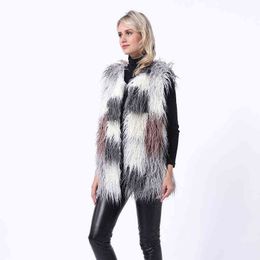 Faux Fur Vest Women's Jacket Mid Length Stitching Fluffy Coat Sleeveless Fourrure Femme 211207