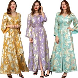 long casual dresses NZ - Golden Stamping Robe-Casual Dress Spring New Women Abaya Formal Dresses V Neck Long Sleeve Muslim Vestidos