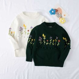 Kids Boys Girls Embroidery Knitted Sweaters Floral Pullovers 2021 New Autumn Winter Cotton Clothing White Dark Green 18M-7Y Y1024
