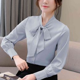 Korean Silk Blouses Women Satin White Shirts Long Sleeve Woman Bow Tie Blouse Tops Plus Size Elegant Shirt 210427