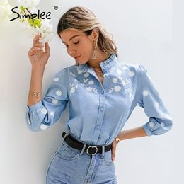 Simplee Denim Light Blue Puff Sleeve Female Blouse Casual Stand Collar Mid-length Sleeve Women Shirt Spring Summer Office Blouse 210317