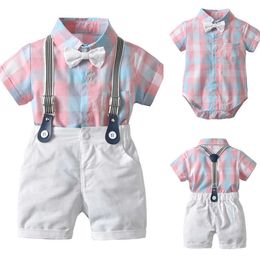 Focusnorm 2pcs Toddler Kids Baby Boy 1-4Y Gentleman Outfit Clothes Pink Plaid Short Sleeve Romper Top+Shorts Summer Clothes Set X0802