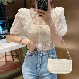 Elegant Lace Shirt Women Blusas Mujer Solid Ruffle Blouse + Vest Two Peice Set Ladies Korean Chic Sexy s 210422