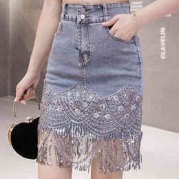 Skinny Party Women Denim Mini Skirt Fashion Summer Sexy Sequined Tassel Skirt Blue Package Hip Jeans Harajuku Plus Size Cotton X0428