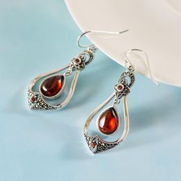 Hoop & Huggie Real S925 Sterling Silver Retro Ethnic Style Garnet Drop Set Marcel Earrings Exquisite Commemorative Gift Jewellery