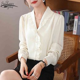 Fashion Office Blouse Vintage Puff Long Sleeve Chiffon Women Autumn Ruffle Pleated V-neck White Shirt Cardigan 11592 210427