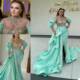 Newest Pageant Evening Dresses Appliqued Lace Tiered Satin Long Sleeves Mermaid Prom Dress Sweep Train Custom Made Chic Formal Party Gowns