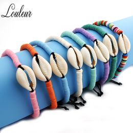 Louleur Natural Sea Shell Charms Bracelet Women Bohemian Beach Design Braided Rope Adjustable Bracelets Rainbow Elastic Pulsera