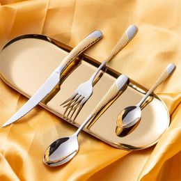 24Pcs KuBac Hommi Gold Plated Stainless Steel Dinnerware Set Dinner Knife Fork Cutlery Service For 4 Drop 210928
