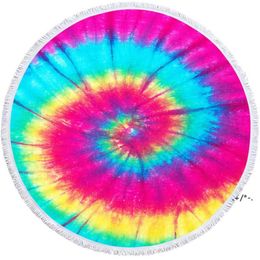 new Tie Dye Beach Towel Round Cotton Rainbow Hippie Colours Printed Polyester Towels Fabric Water Absorption Bath Cover 150cm EWD5813