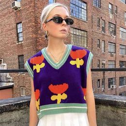 vintage flower v neck sweater vest women sleeveless pullovers casual chic purple autumn winter 210427