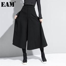 [EAM] High Elastic Waist Black Brief Long Wide Leg Trousers Loose Fit Pants Women Fashion Spring Autumn 1DA610 211115