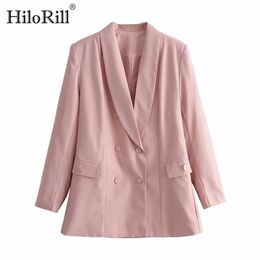 Women Elegant Double Breasted Pink Blazer Fashion Office Wear Long Sleeve Coat Notched Collar Solid Jacket With Pockets 210508