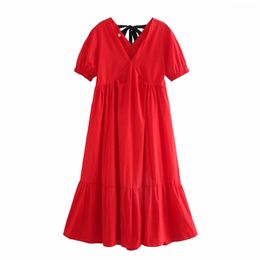 Women Summer Solid Poplin Dress Short Sleeve V-Neck High waist es Female Elegant Street Sweet Clothing blusas 210513