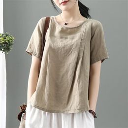Summer Arts Style Women Short Sleeve O-neck Loose Tee Shirt Femme Cotton Linen Vintage T-shirt Plus Size Casual Tops M137 210512