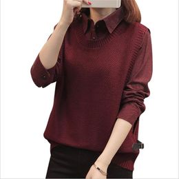 Sweater Shirt Two-piece Female Autumn And Winter Loose Collar Stitching Office Lady 210427