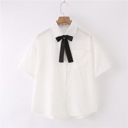 New Summer Women Blouses Shirt Short Sleeve Solid White Tops With Tie Bow Japanese Korean JK Style Female Shirts Lapel Blusas 210317