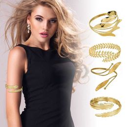 Boho Gold Color Leaves Upper Arm Cuff Bracelet Laurel Leaf Shape Arm Band Armband Female Women Armlet Bracelet Bangle Jewelry Q0720