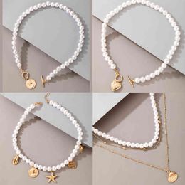 Tocona Luxury Pearl Stone for Women Charming Summer Shell Starfish Hollow Heart Geometric Pendant Necklace Boho Jewellery