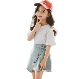 Children Clothes Letter Tshirt + Denim Skirt Girls Outfits Summer Tracksuit For Girl Casual Style Kids 6 8 10 12 14 210528
