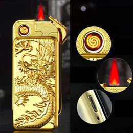 Dragon Pattern Electric Tungsten Cigarette Lighter Multifunction Red Flame Jet Torch Cigar Lighter Slide Cover Windproof Nice Gift