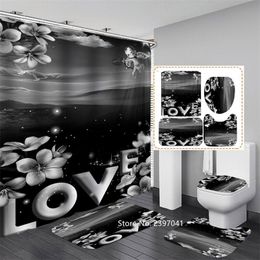Shower Curtains Love English Letters Black And White Fashion Personality Waterproof Curtain Carpet Toilet Seat Cushion Pedestal