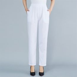 Summer Straight Pants Vintage Middle-aged Women Solid Colour Thin Loose Ankle-Length Trousers Elastic Waist Casual White 210925