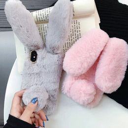 3D Cute Rabbit Hairy Warm Cases Fur Bling Rhinestone Plush Bunny Cover Phone Case for IPhone 12 mini 11 Pro X XS MAX XR 8 7 6 6s Plus