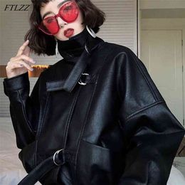 Oversize Women Faux Leather Jacket Batwing Sleeve Moto Biker Short Zipper PU black Spring Street Coats 210430