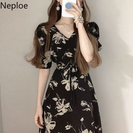 Neploe Maxi Dresses for Women Summer Vintage Print Vestidos Mujer Chiffon Robe V-neck Puff Sleeve Slim Elegant Dress 95457 210422