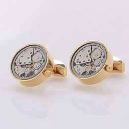 Men Immovable Cufflinks Round Stainless Steel Steampunk Gear Watch Movement Cuff links With Glass Suits Wedding