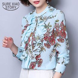 Spring Fashion Printed Chiffon Long Sleeve Women Shirts Ladies Top Korean Lotus Leaf Women Blouses and Tops 8077 50 210527