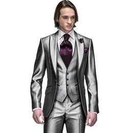 New Style One Button Shiny Silver Grey Groom Tuxedos Groomsmen Men's Wedding Suits Best man Suits (Jacket+Pants+Vest+Tie) X0909