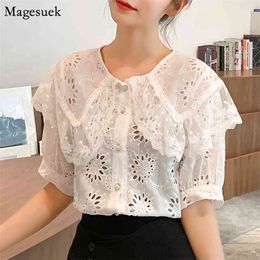 Korean Hollow Out Lace White Shirt Women Short Sleeve Summer Loose Blouse Office Lady Tops Casual Solid Shirts 13608 210512