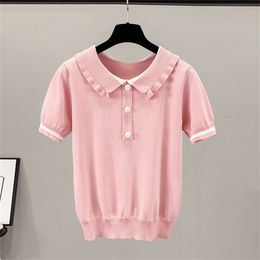 Preppy Style Doll Collar Short Sleeve Knitted Tops Women Sweet Contrast Color Knitwear T-Shirt Korean Fashion Pullover Tees 210522