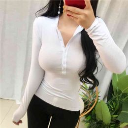 Spring Lady Black Solid red v neck sexy Slim Fit Tee Women Highstreet Casual Long Sleeve Tshirt Tops female girl t shirt 210423