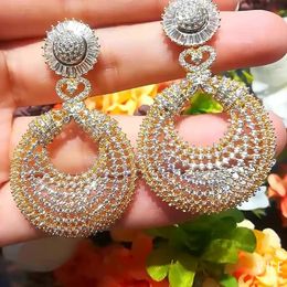 KellyBola Brand Noble Luxury Pendant Geometry Round Hollow Pierced Cubic Zirconia Dangle Earings Women Wedding Bridal Jewelry