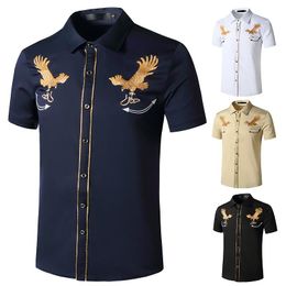 Denim Shirts For Men Western Cowboy Embroidered Short Sleeve Button Black White Shirt