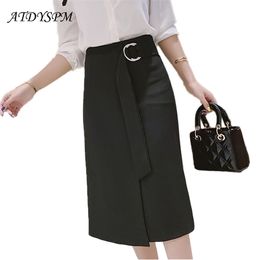 Black Midi Skirts For Women High Waist Split Fashion A-Line Skirt Female Elegant Sashes Casual Office Jupe Femme 210621