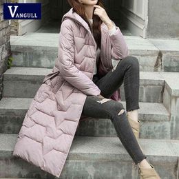 Vangull Winter Hooded Long Women Parkas Jacket Slim Warm Casual Elegant Office Ladies Parkas Thicken Basic Belt Zipper Coats 211130
