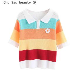 beauty Sweet Chic Color Block Knitted Polo Shirt Women Casual Style Loose Single Breasted Sweater Vestidos De Mode 210514