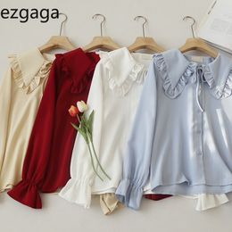 Ezgaga Shirts Women Peter Pan Collar Ruffled Bandage Solid Loose Korean Tops Single Breasted All-Match Sweet Blouse Casual 210430