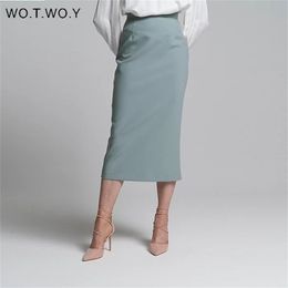 WOTWOY High Waist Wrapped Split Skirts Women Elegant Solid Pencil Skirt Female Slim Fit Zipper Mid-Calf Faldas Mujer Office Lady 210619