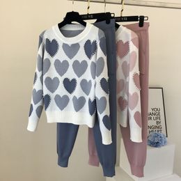 Cute long sleeve sweater tops and solid colors casual pants female Fashion Love printed knitted two peice suit women korean suit