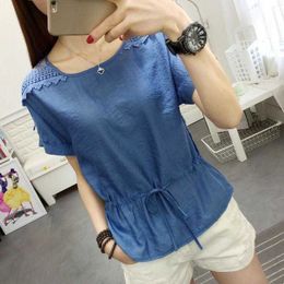 Women Summer Style Blouses Shirt Hollow Out Short Sleeve Red Blue Pink Colour Tops High Quality DF3541 210609