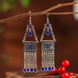 Ethnic Blue Crystal Jhumka Earrings Women Oorbellen Classic Silver Color Alloy Vintage Geometry Wedding Earrings Hangers